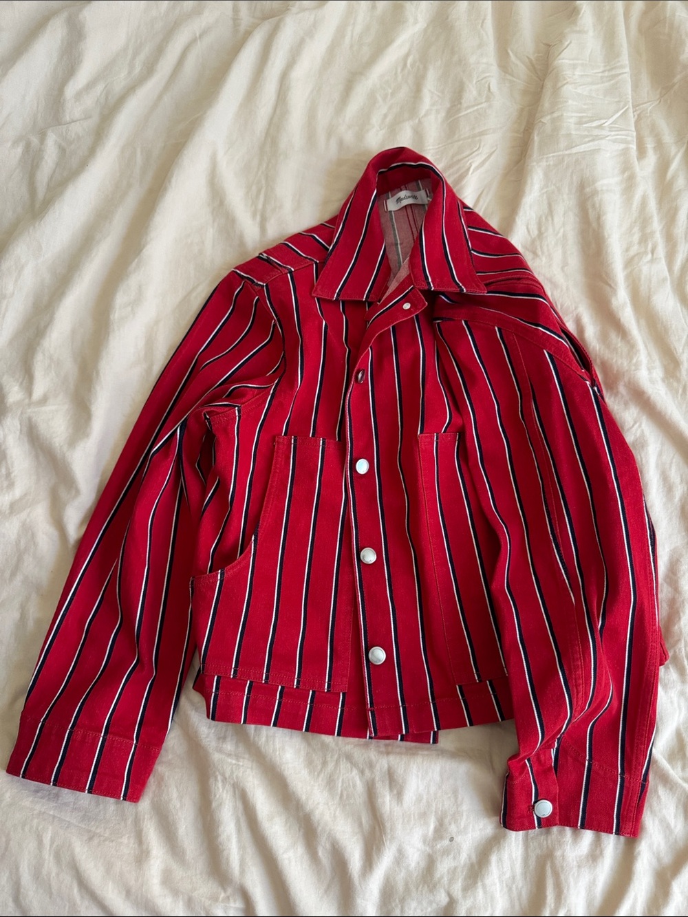 Madewell Red Striped Jean Jacket with Navy & White Trim